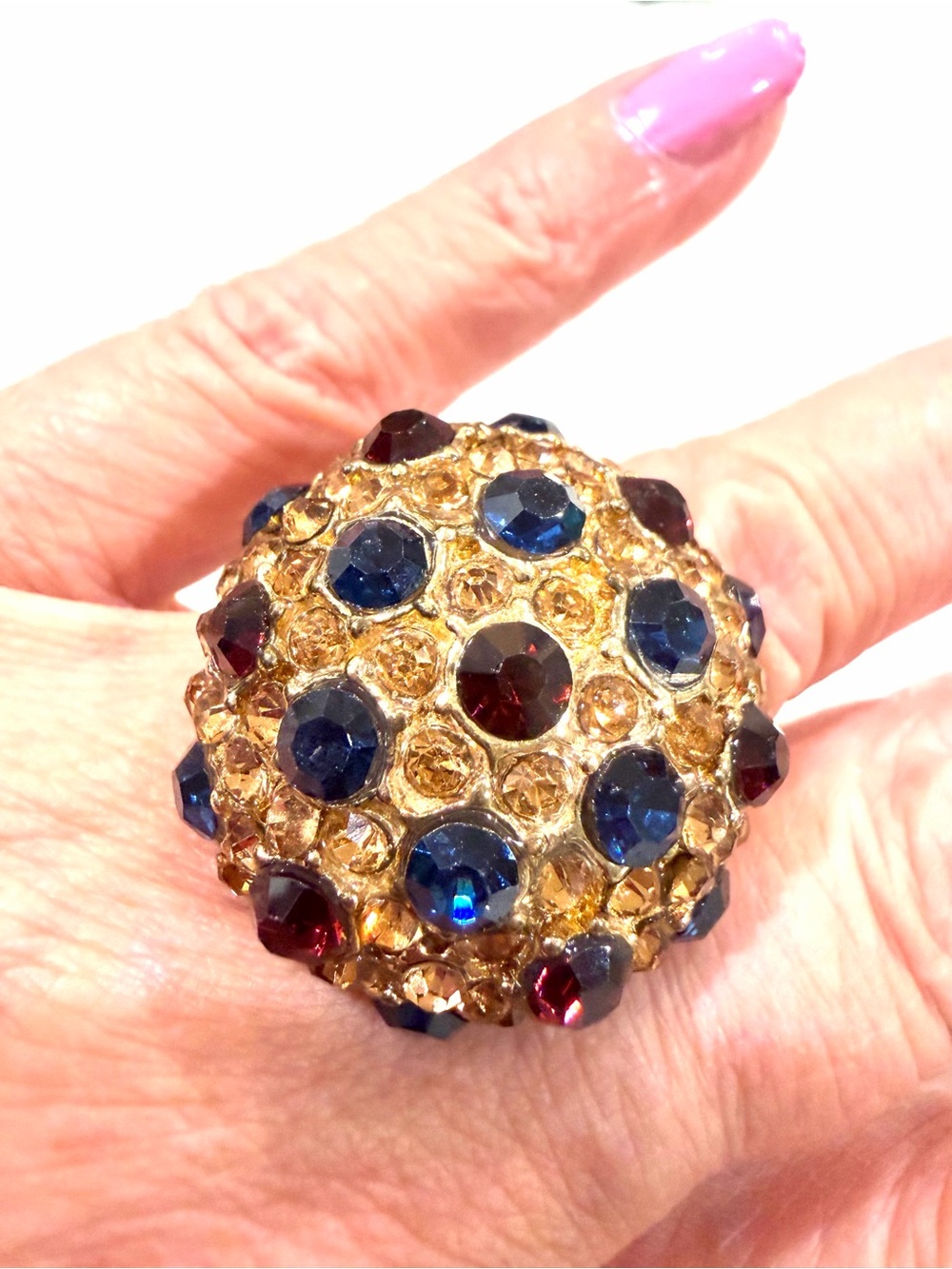 Vintage Gold Cocktail Stretch Ring with Blue and Red Crystal Accents sz 6